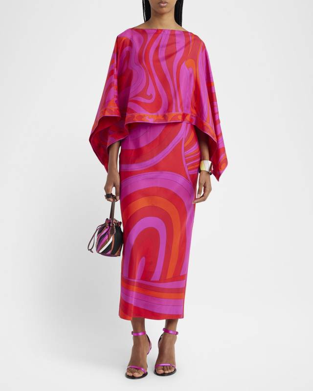 Marmo-Print Cape Midi Dress